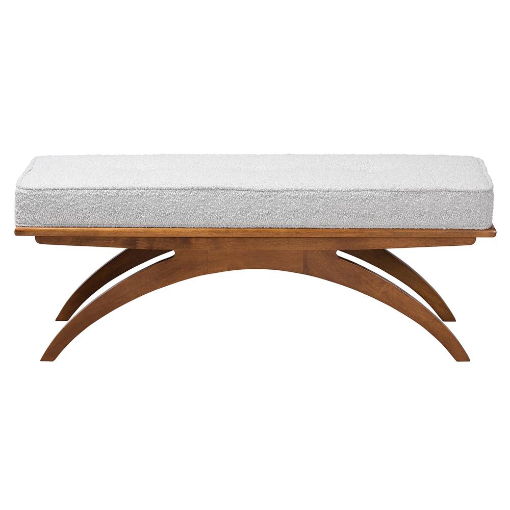Orella Japandi Light Grey Boucle Fabric and Walnut Brown Finished Wood Bench