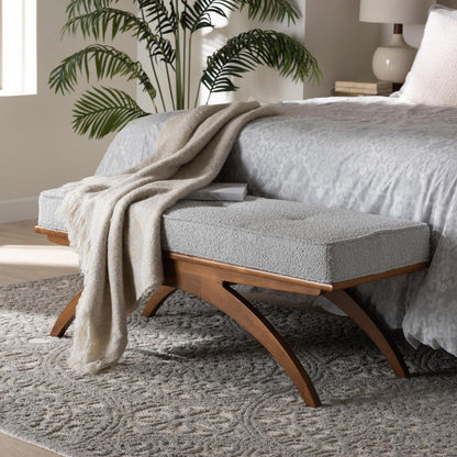 Orella Japandi Light Grey Boucle Fabric and Walnut Brown Finished Wood Bench