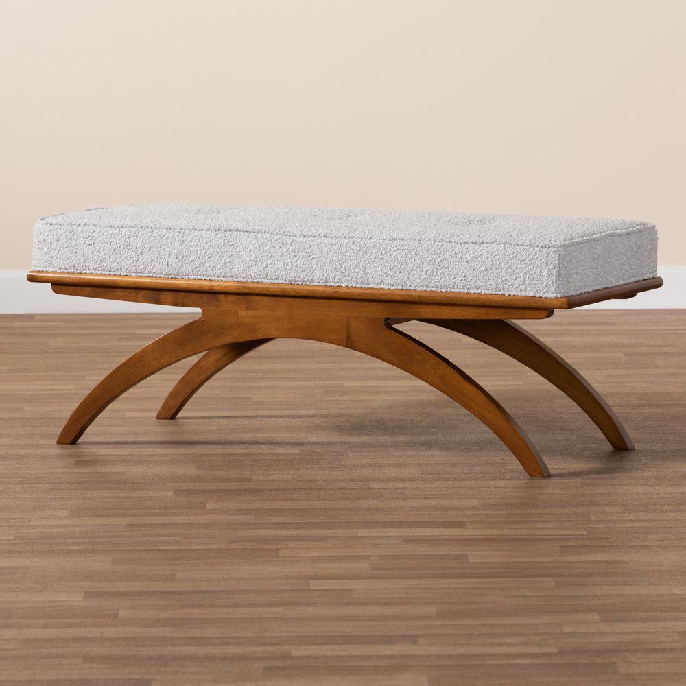 Orella Japandi Light Grey Boucle Fabric and Walnut Brown Finished Wood Bench