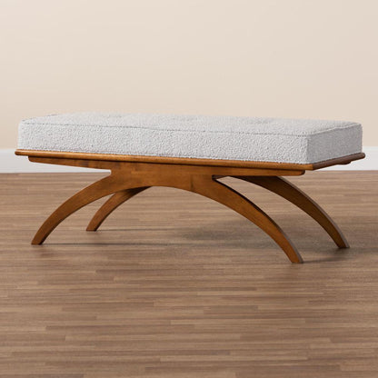Orella Japandi Light Grey Boucle Fabric and Walnut Brown Finished Wood Bench