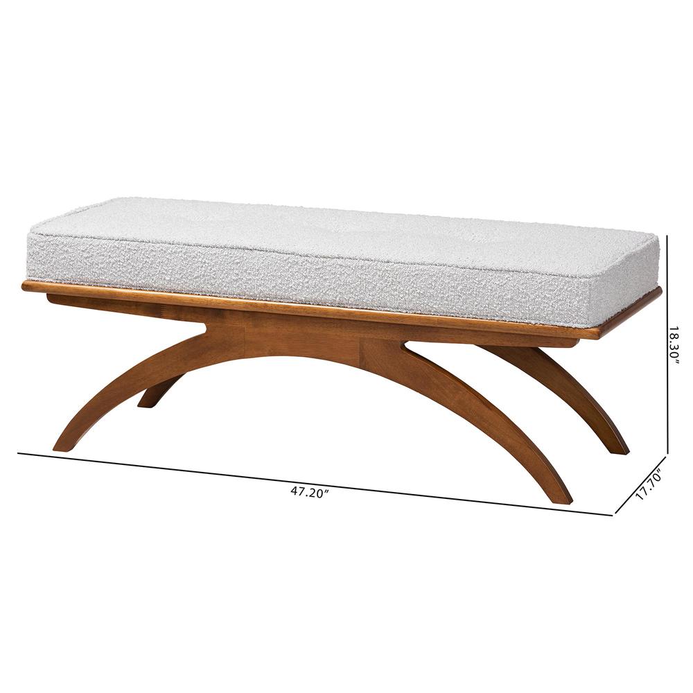 Orella Japandi Light Grey Boucle Fabric and Walnut Brown Finished Wood Bench