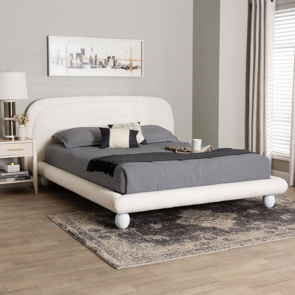 Eladio Modern Luxe Ivory Boucle Fabric Queen Size Bed
