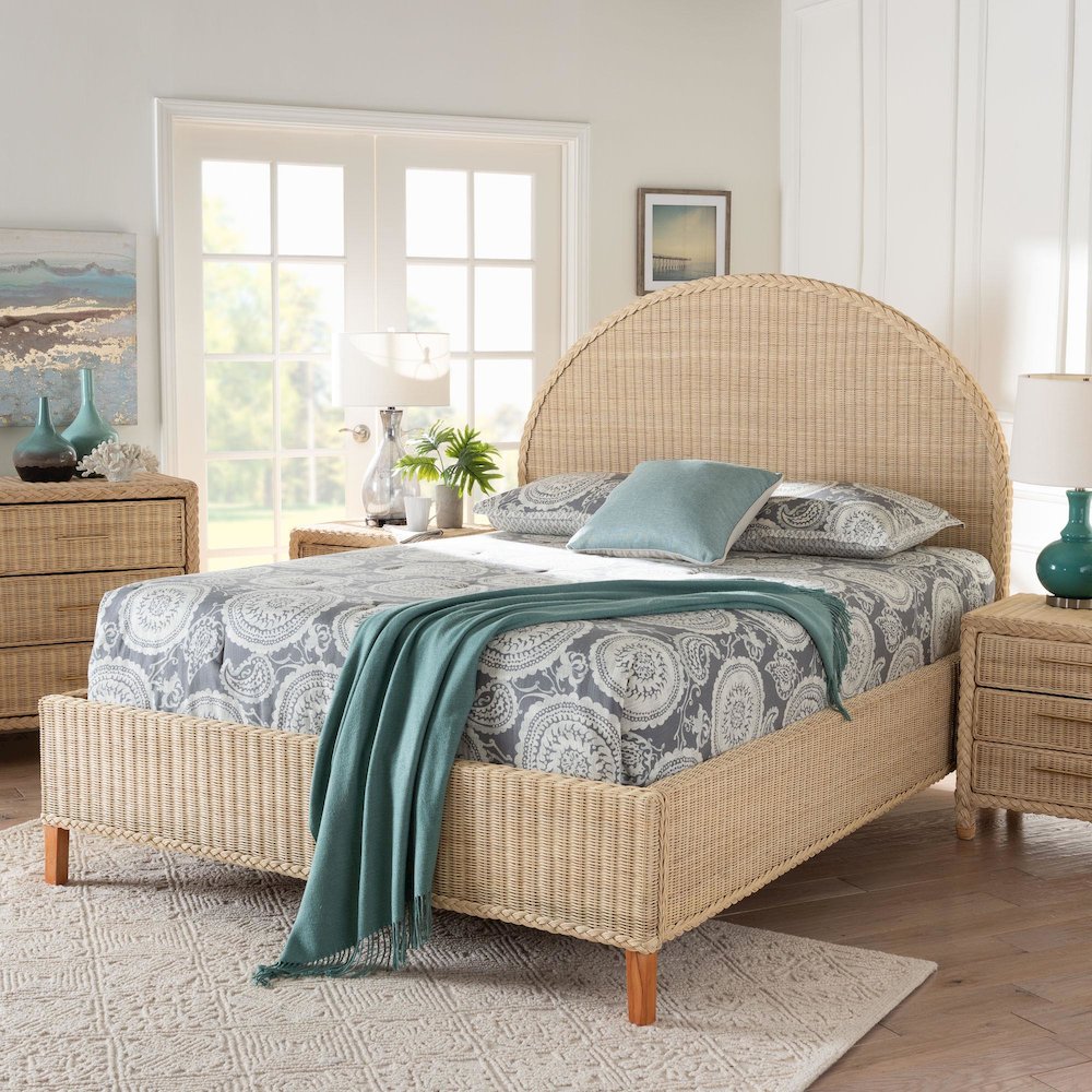 Lanica Japandi Sun-Bleached Braided Rattan Queen Size Bed