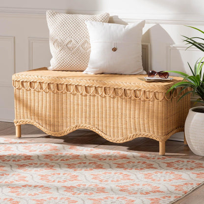 Erla Bohemian Light Honey Rattan Accent Bench with Scallop border