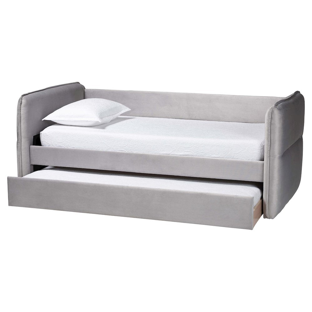 Finch Modern Light Grey Velvet Fabric Full Size Daybed with Trundle