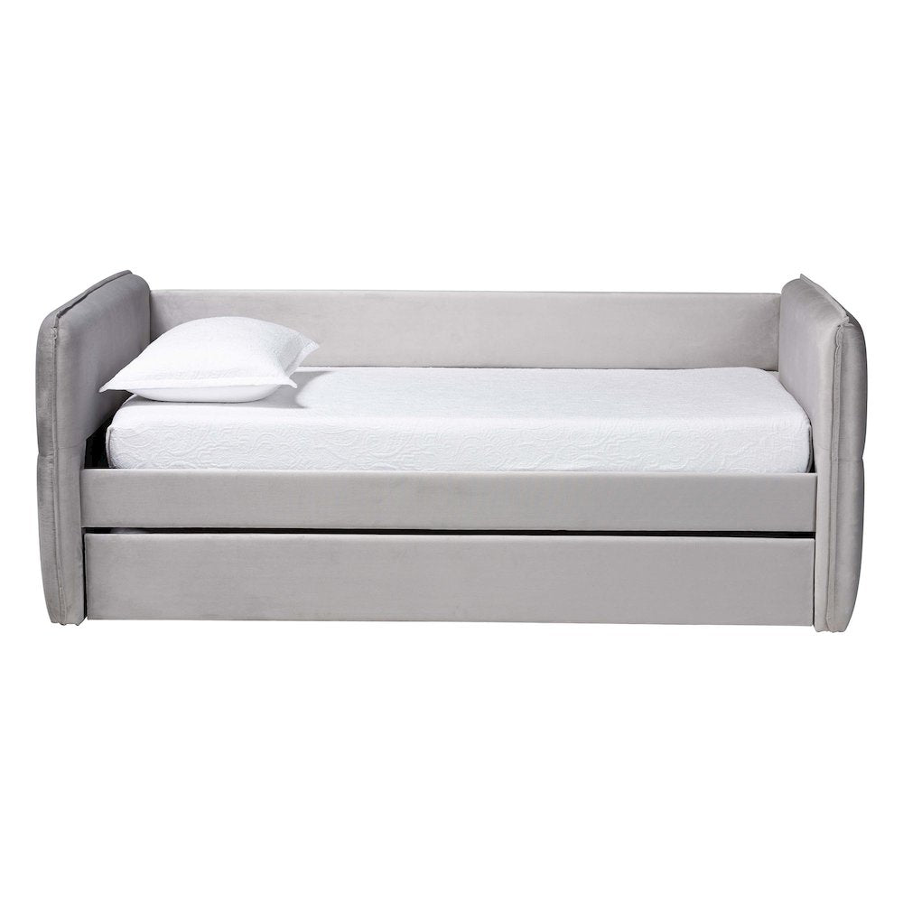 Finch Modern Light Grey Velvet Fabric Full Size Daybed with Trundle