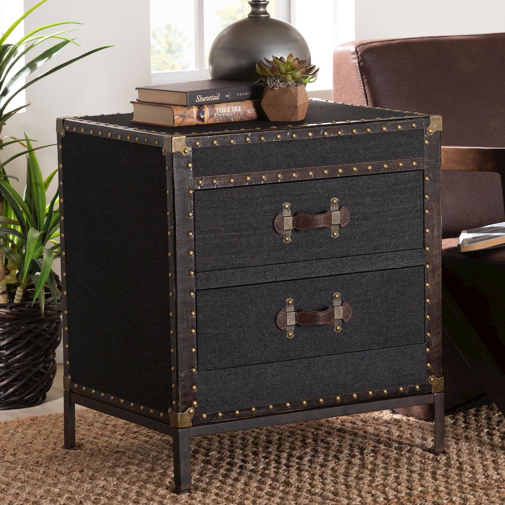 Laura Vintage Black Canvas 2-Drawer End Table Trunk