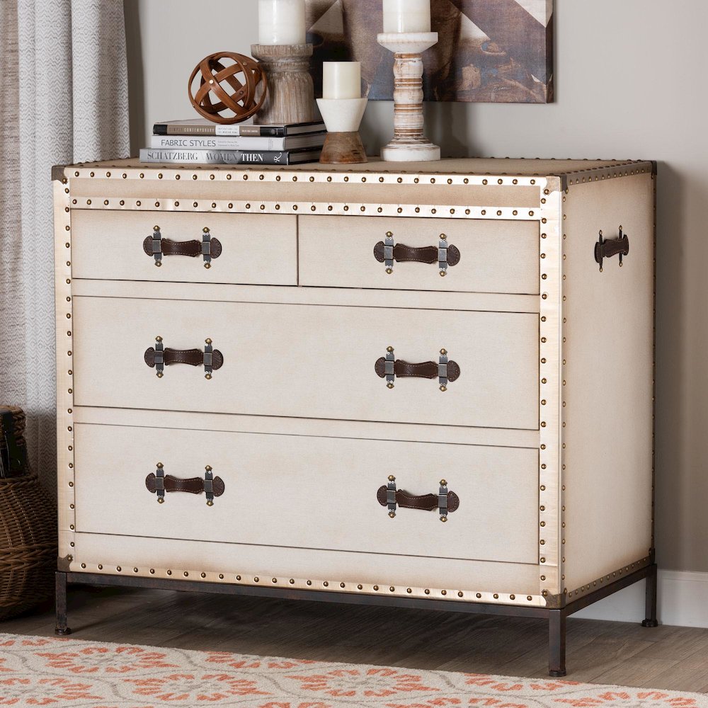 Benton Vintage White Canvas 4-Drawer Storage Cabinet