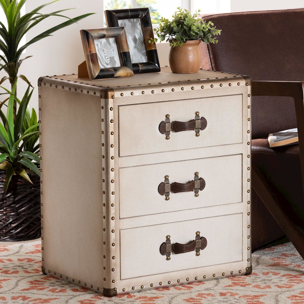 Mallison Vintage White Canvas 3-Drawer End Table