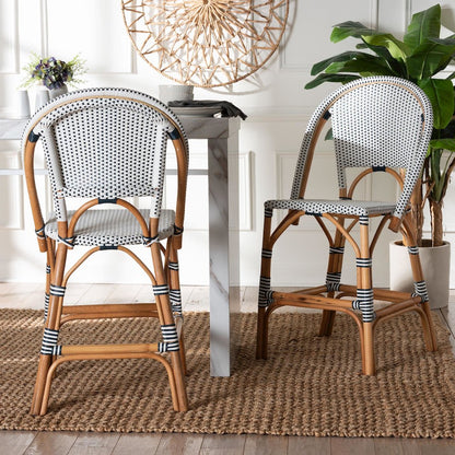 Two-Tone Navy and White Weaving and Natural Rattan 2-Piece Counter Stool Set