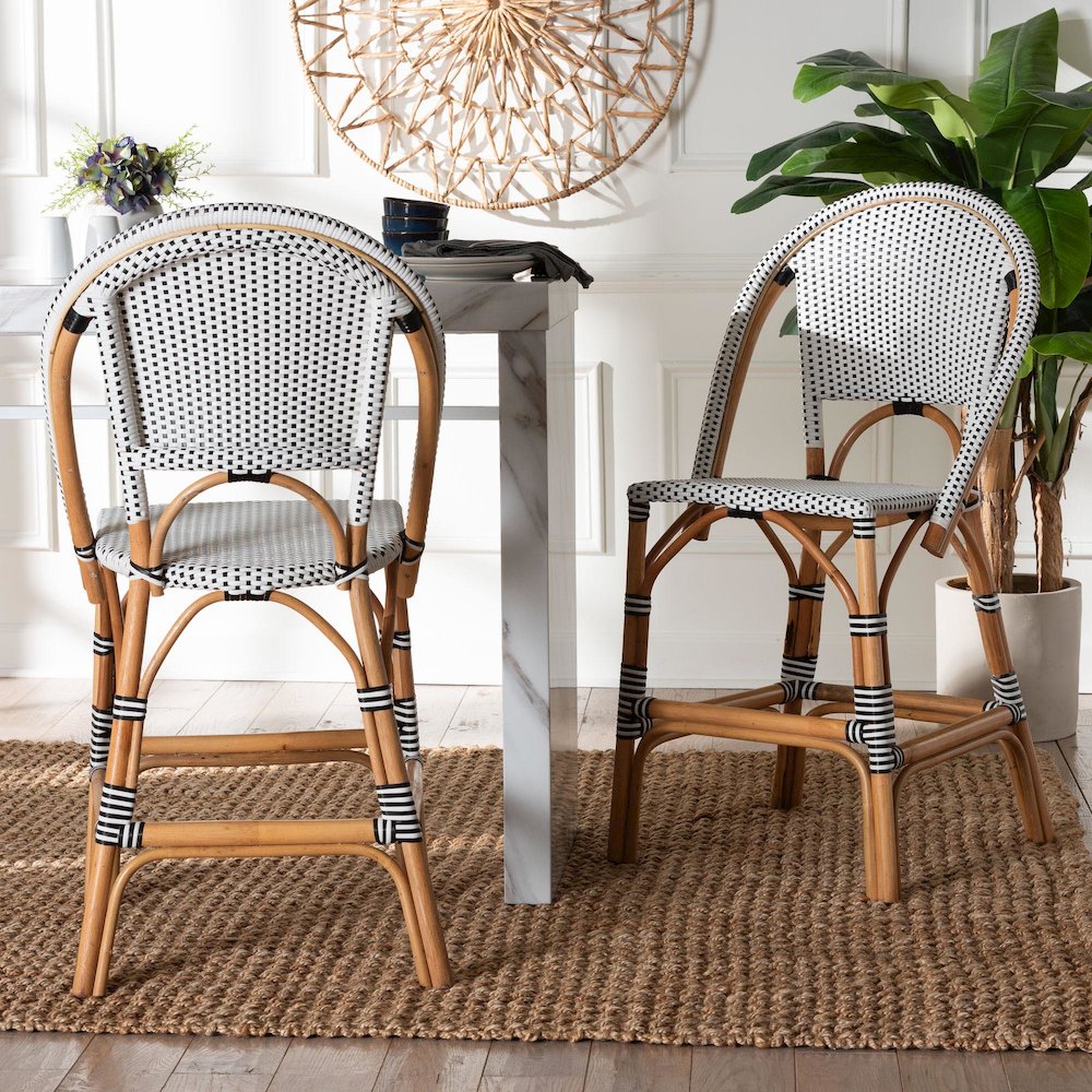 Two-Tone Black and White Weaving and Natural Rattan 2-Piece Counter Stool Set