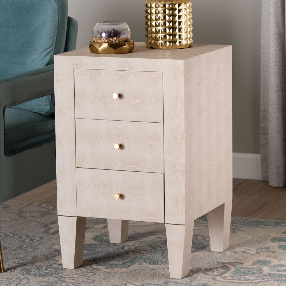 Leyna Modern Beige Faux Shagreen 3-Drawer End Table