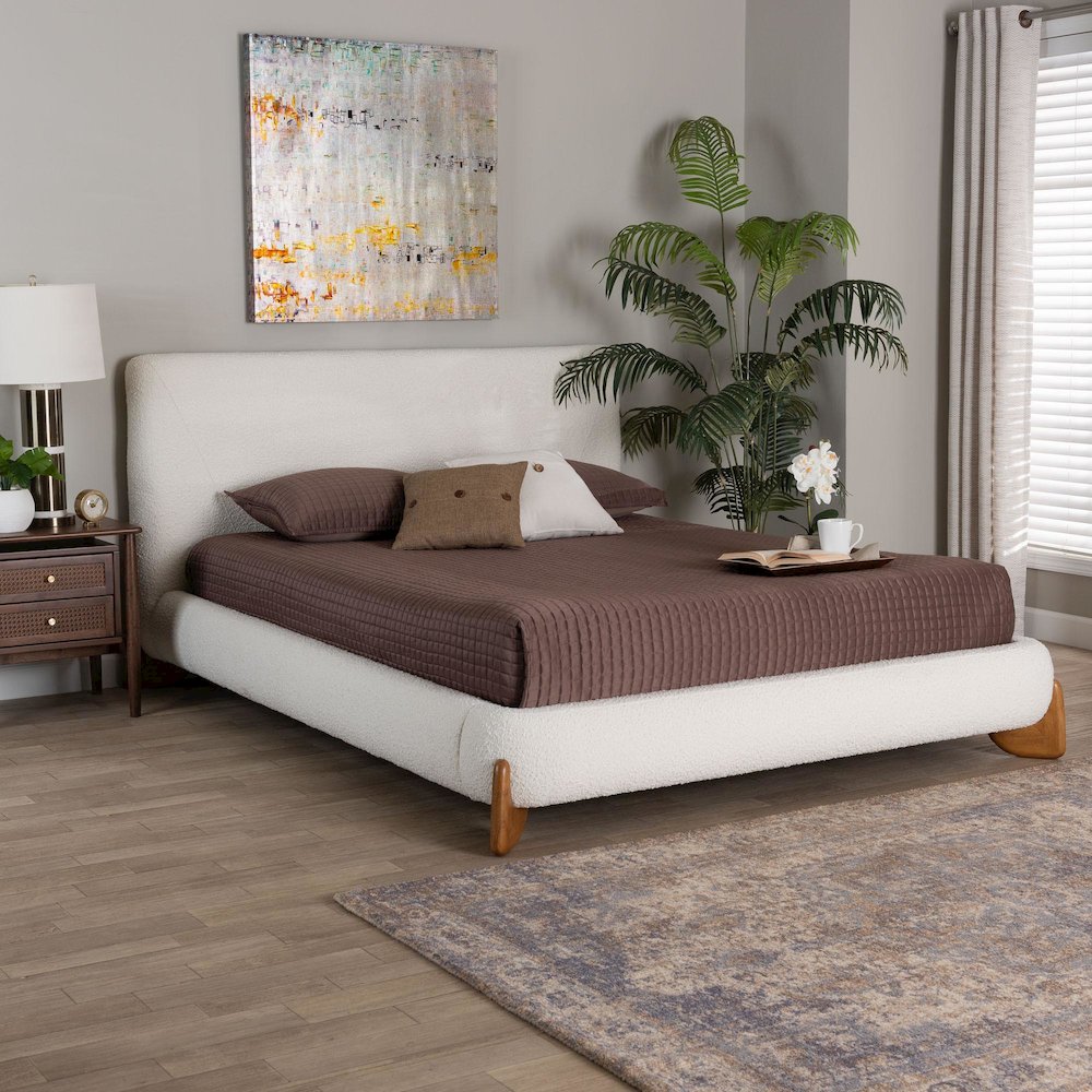 Vinicio Mid-Century Modern Cream Boucle King Platform Bed