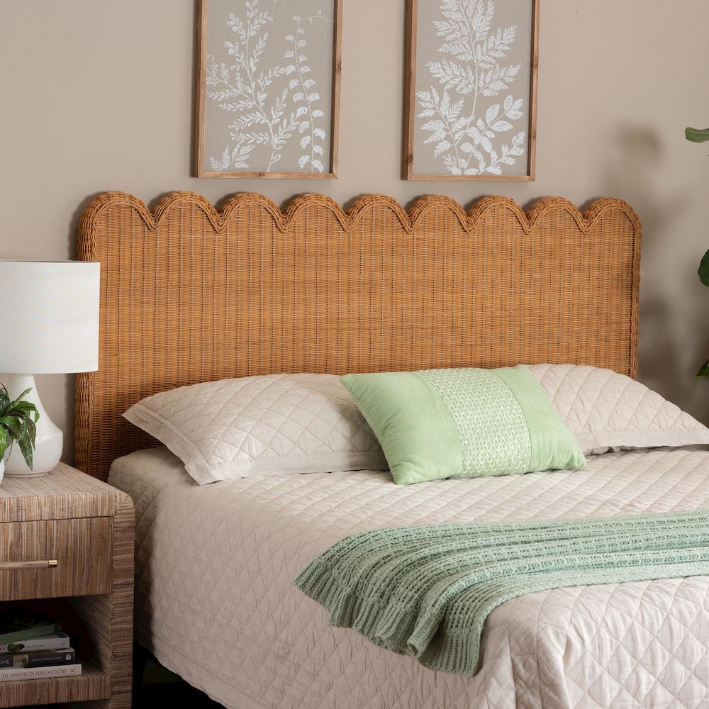 Maritza Bohemian Light Honey Scalloped Rattan Pitrit Queen Standalone Headboard