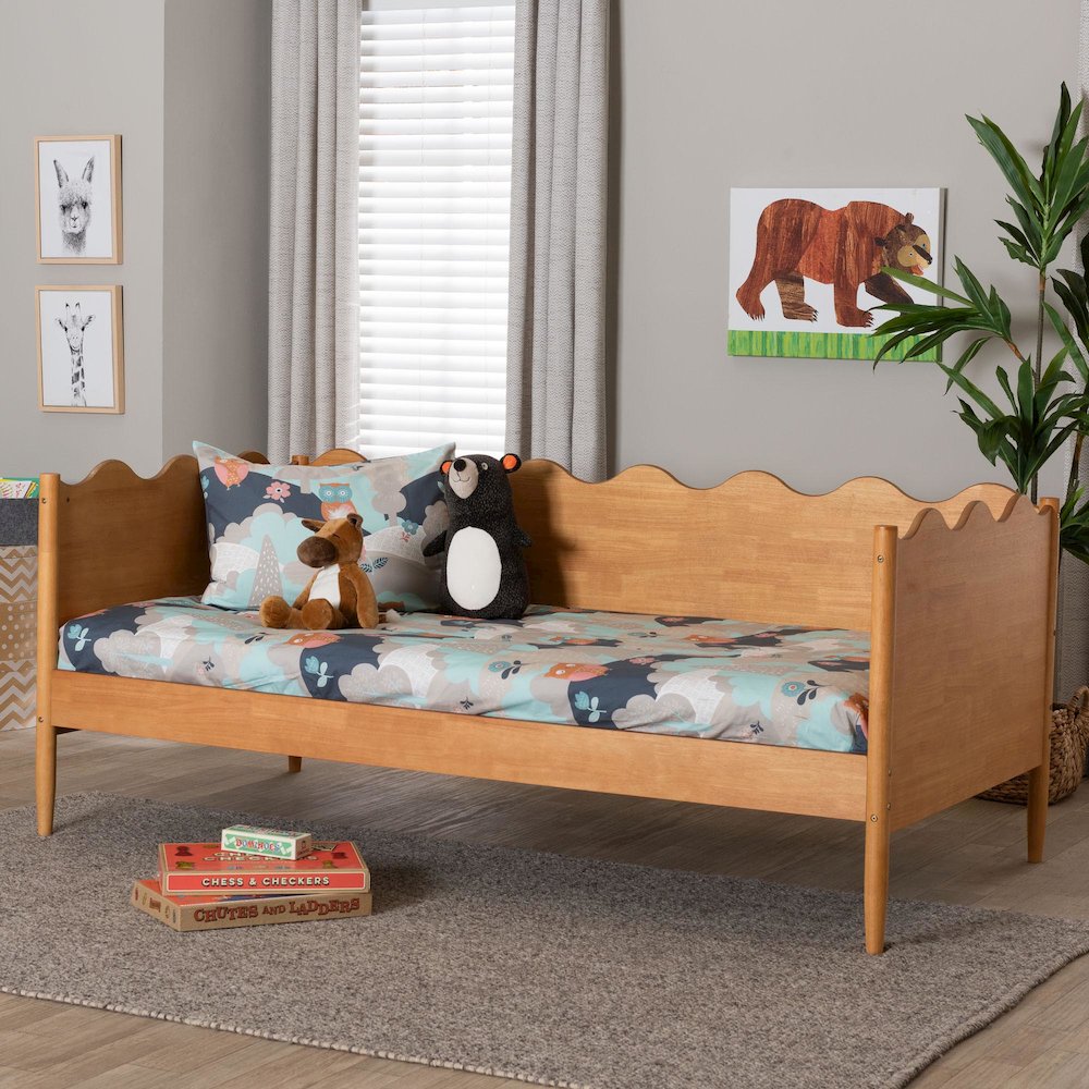 Malaya Modern Oak Brown Wood Full Daybed with Scalloped Edges