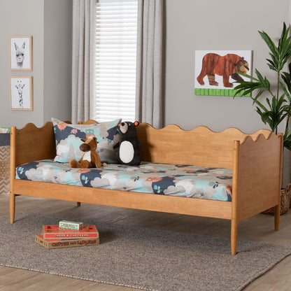 Malaya Modern Oak Brown Wood Full Daybed with Scalloped Edges