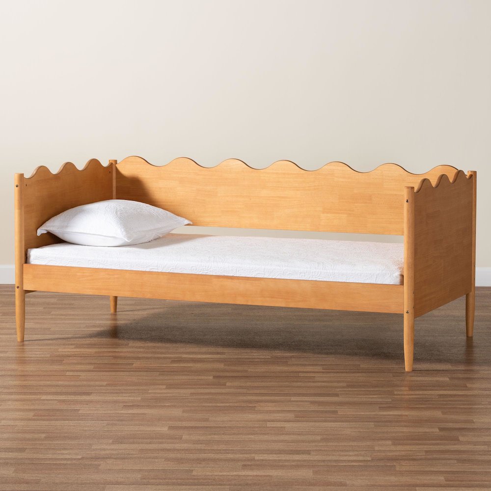 Malaya Modern Oak Brown Wood Full Daybed with Scalloped Edges