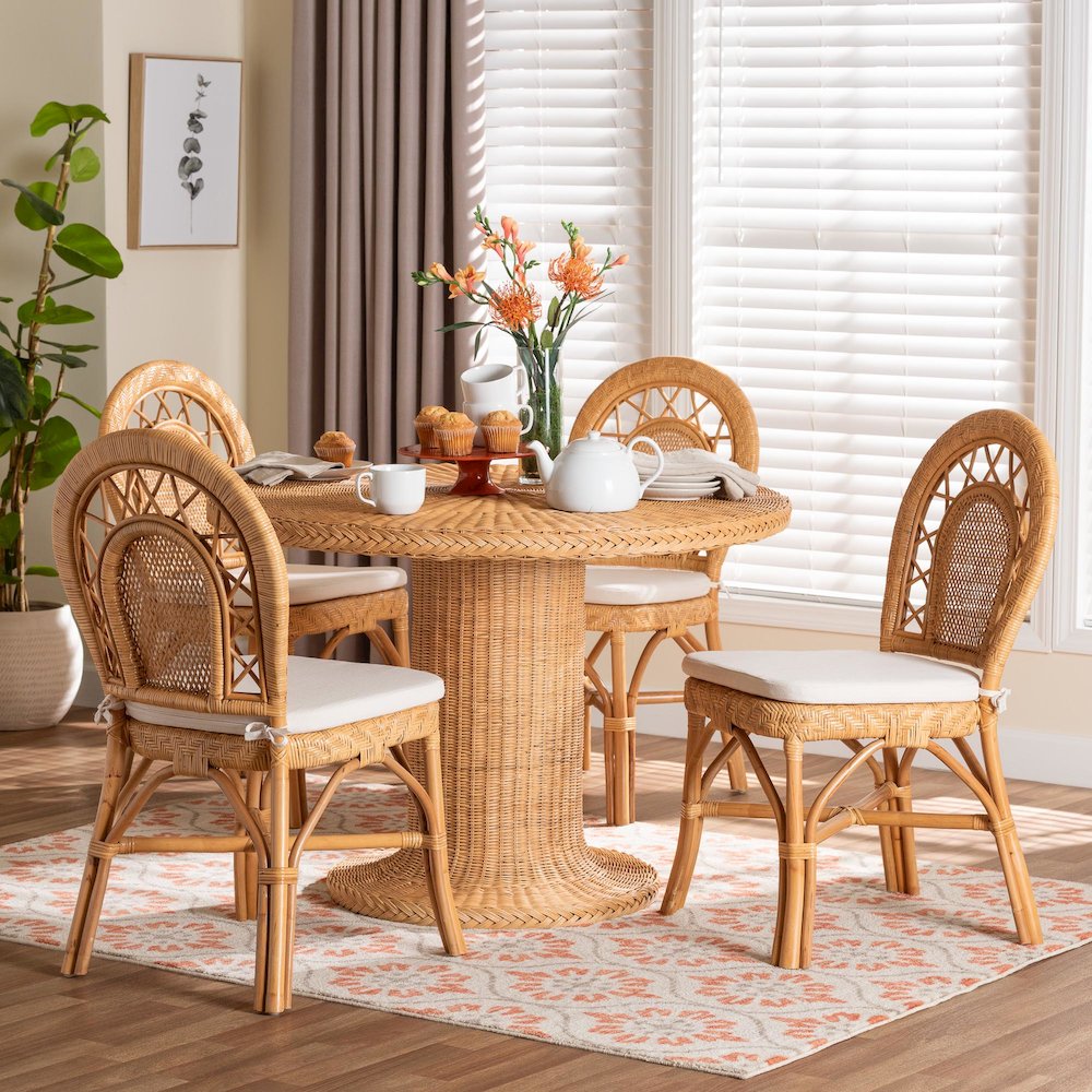 5-Piece Natural Rattan Dining Set, Round Pedestal Table and 4 Curved Back Chairs