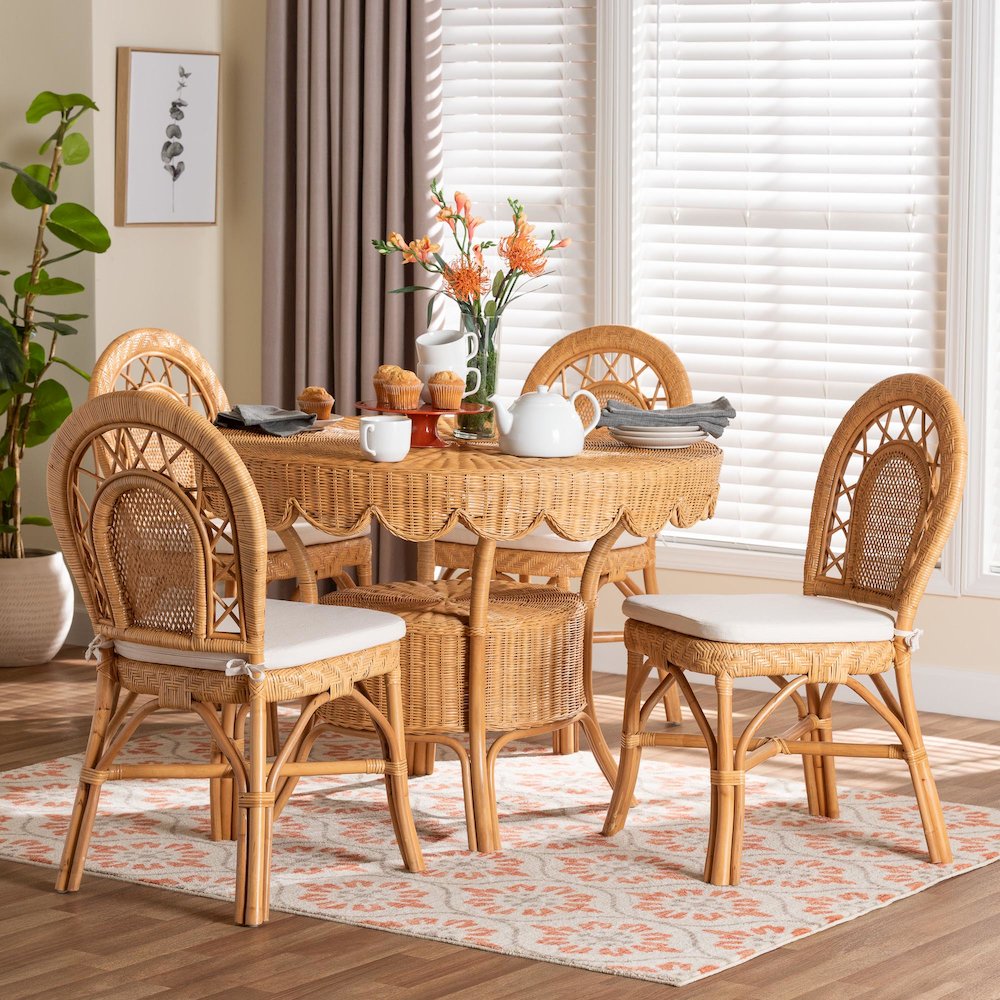 5-Piece Natural Rattan Dining Set, Round Table, 4 Curved Back Chairs