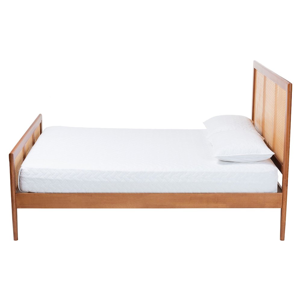 Walthard Mid-Century Light Walnut King Platform Bed with Woven Rattan