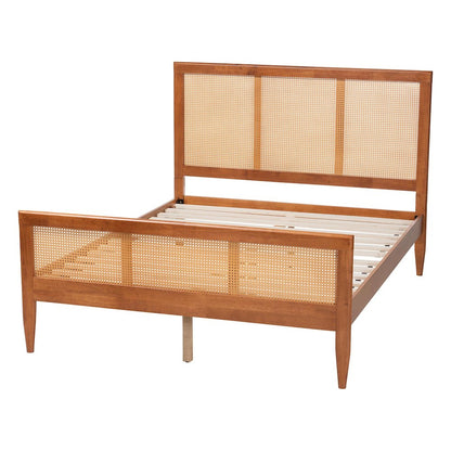 Walthard Mid-Century Light Walnut King Platform Bed with Woven Rattan