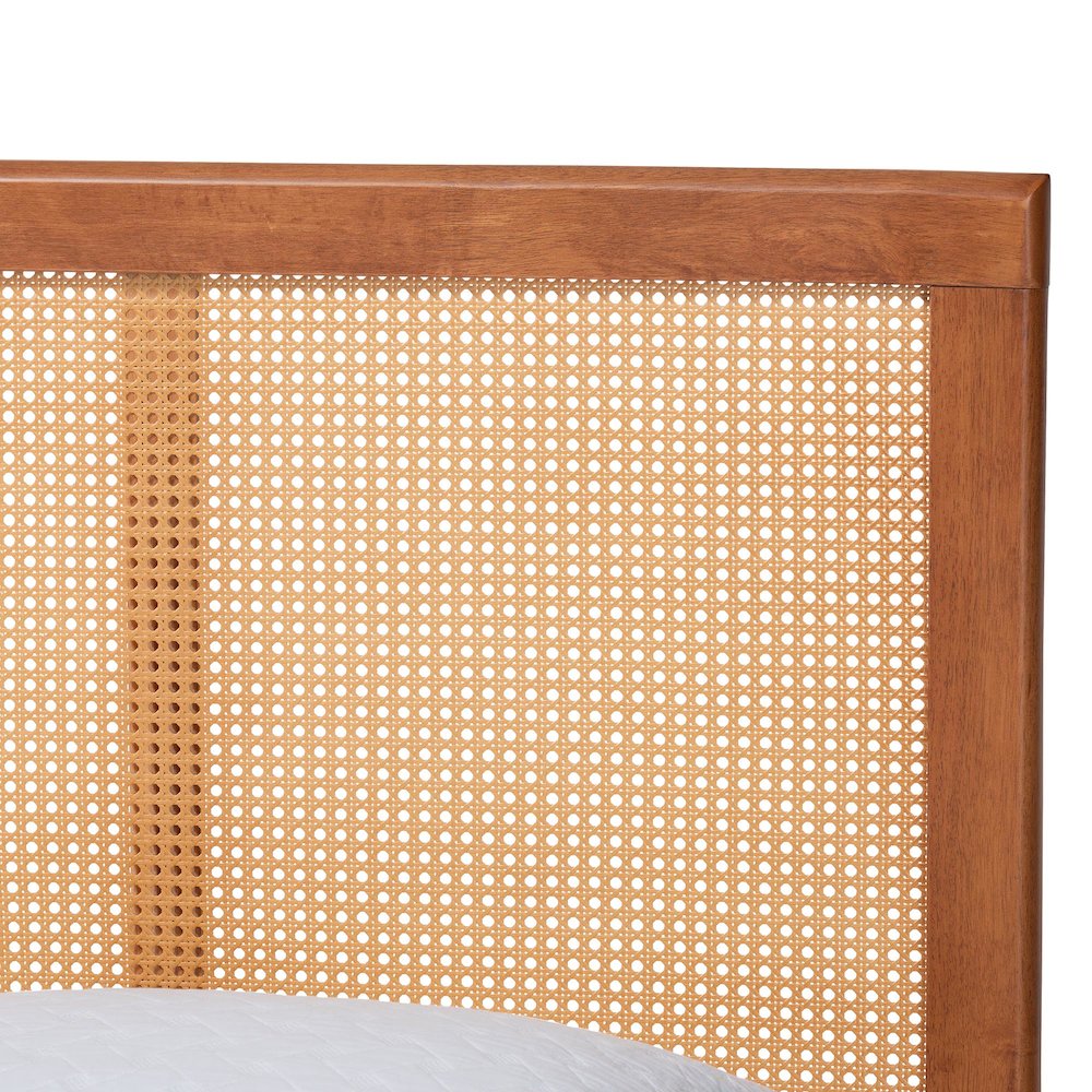 Walthard Mid-Century Light Walnut King Platform Bed with Woven Rattan