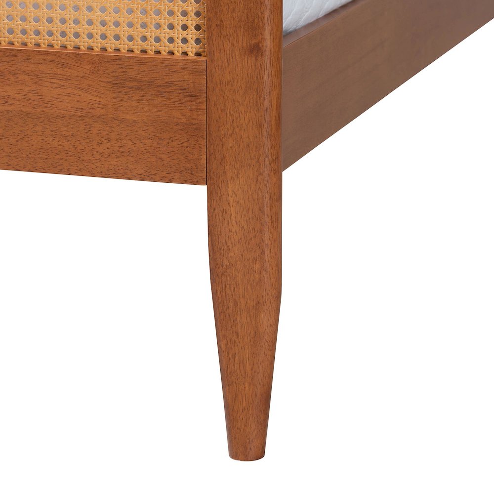 Walthard Mid-Century Light Walnut King Platform Bed with Woven Rattan