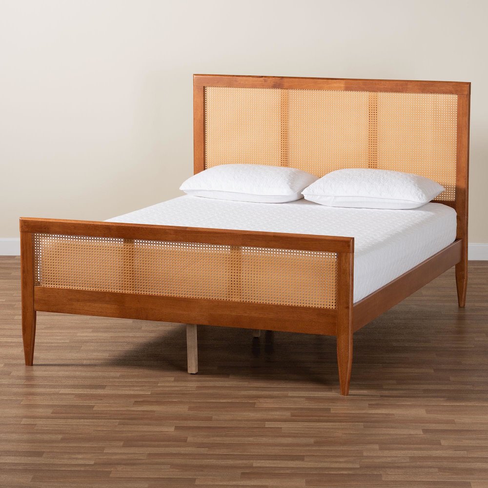 Walthard Mid-Century Light Walnut King Platform Bed with Woven Rattan