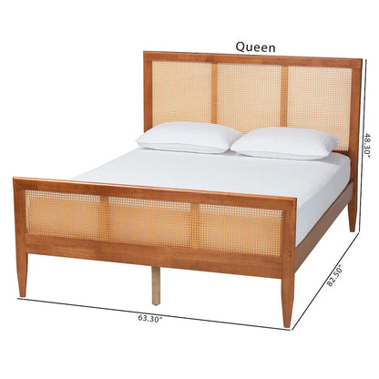 Walthard Mid-Century Light Walnut King Platform Bed with Woven Rattan