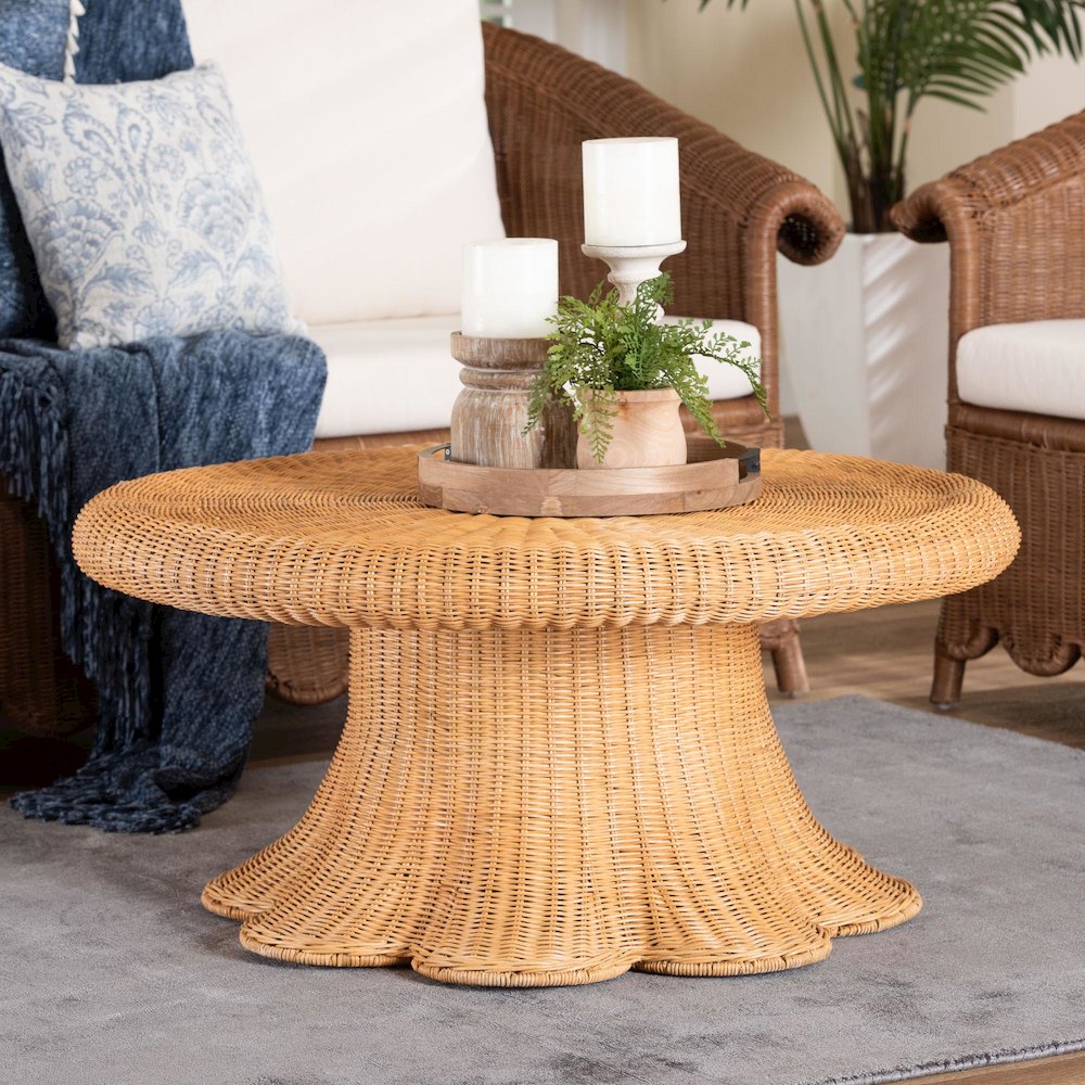 Natural Rattan Round Coffee Table with Scalloped Pedestal Base
