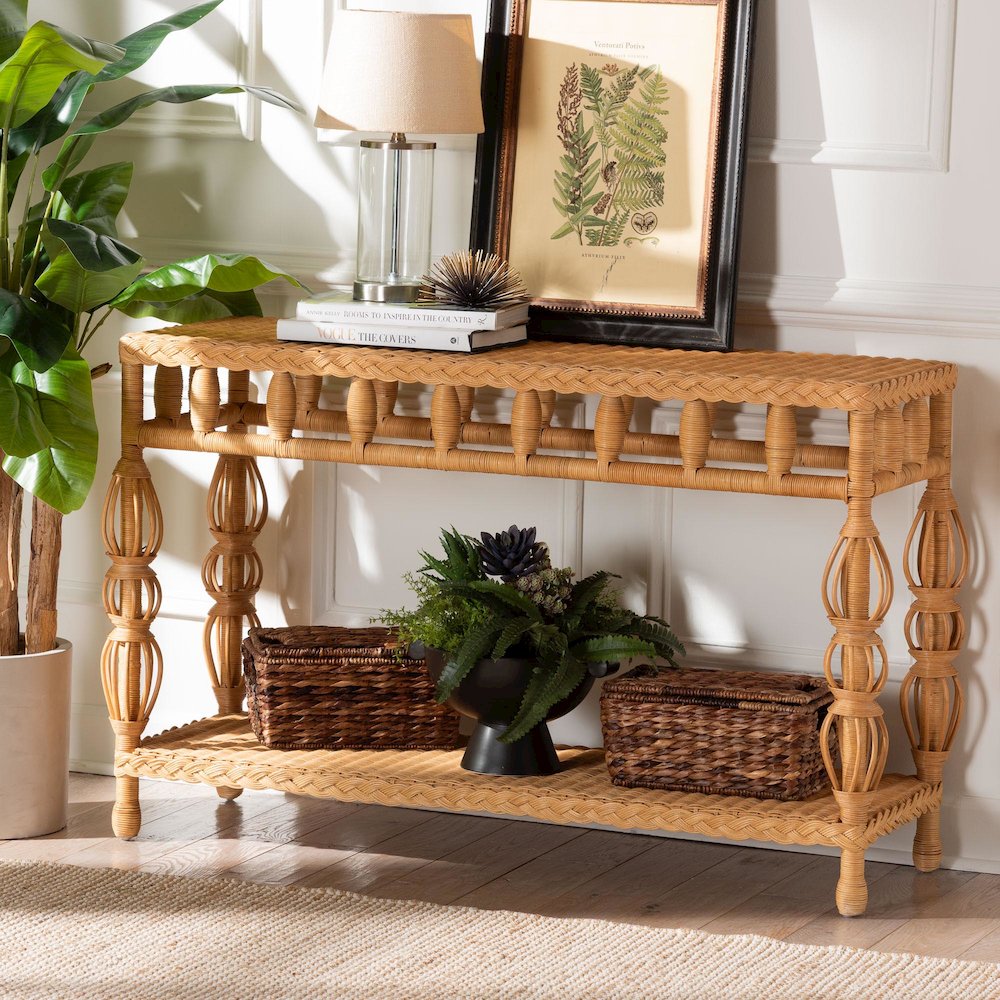 Natural Rattan Console Table - Handwoven Wicker Accent Table