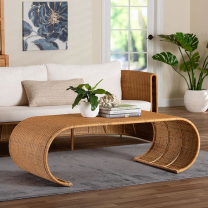 Waterfall Natural Rattan Coffee Table - Handwoven Wicker Centerpiece