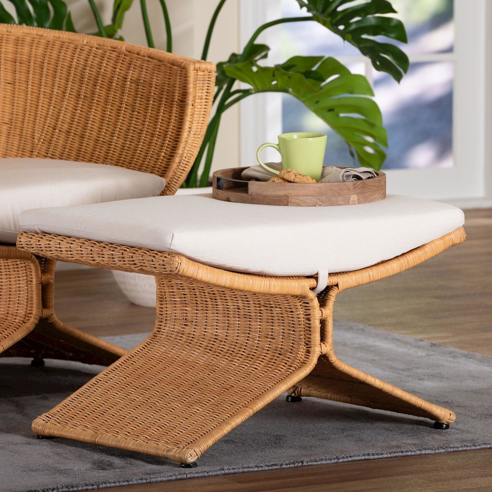 Natural Rattan Footstool - Sculptural Handwoven Ottoman