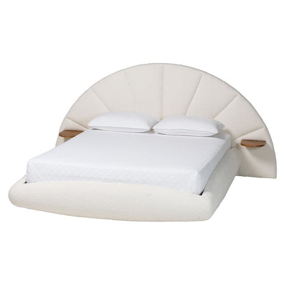 Cherise Modern Cream Boucle Fabric King Floating Bed with Built-In Shelves