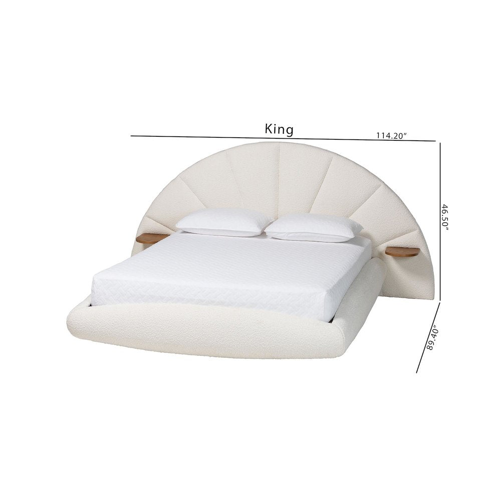 Cherise Modern Cream Boucle Fabric King Floating Bed with Built-In Shelves