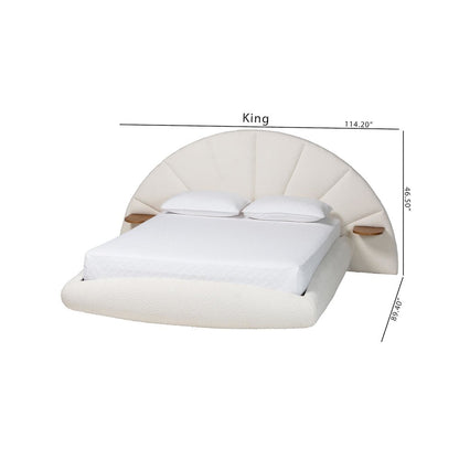 Cherise Modern Cream Boucle Fabric King Floating Bed with Built-In Shelves