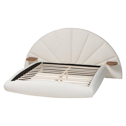 Cherise Modern Cream Boucle Fabric King Floating Bed with Built-In Shelves