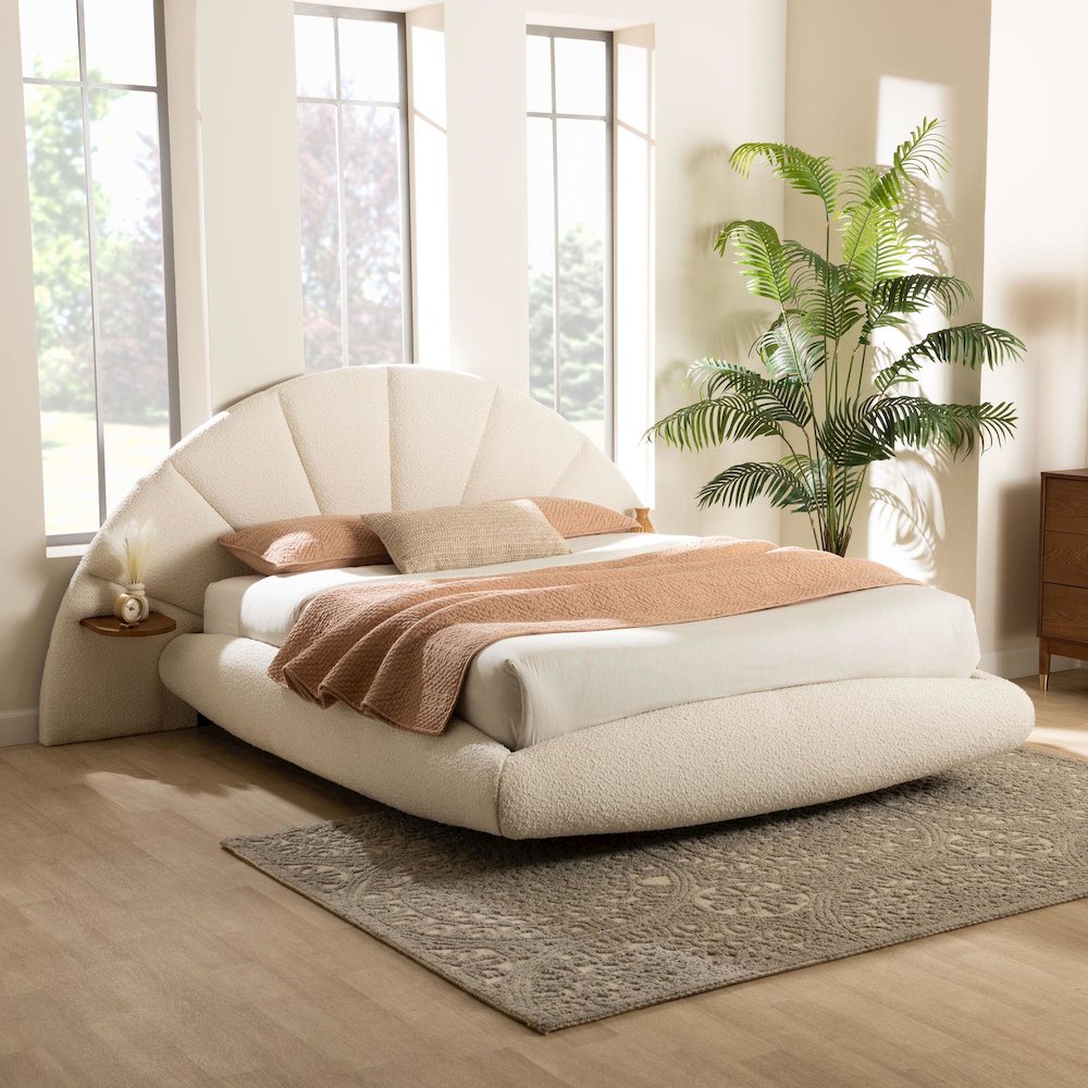 Cherise Modern Cream Boucle Fabric King Floating Bed with Built-In Shelves