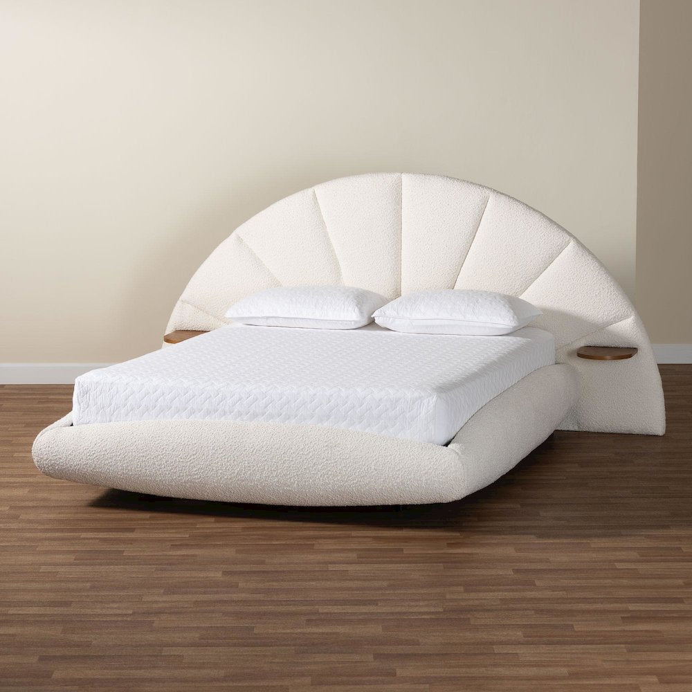 Cherise Modern Cream Boucle Fabric King Floating Bed with Built-In Shelves