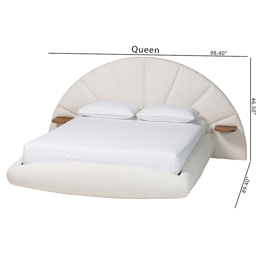 Cherise Modern Cream Boucle Fabric King Floating Bed with Built-In Shelves