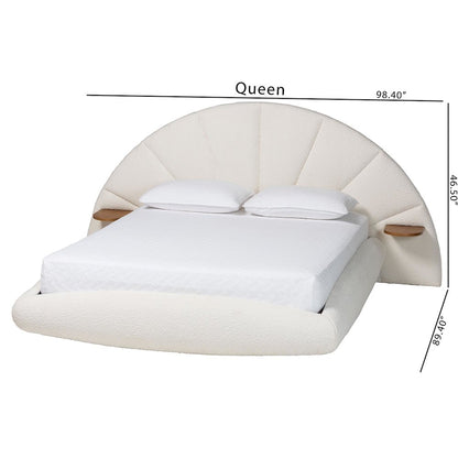 Cherise Modern Cream Boucle Fabric King Floating Bed with Built-In Shelves
