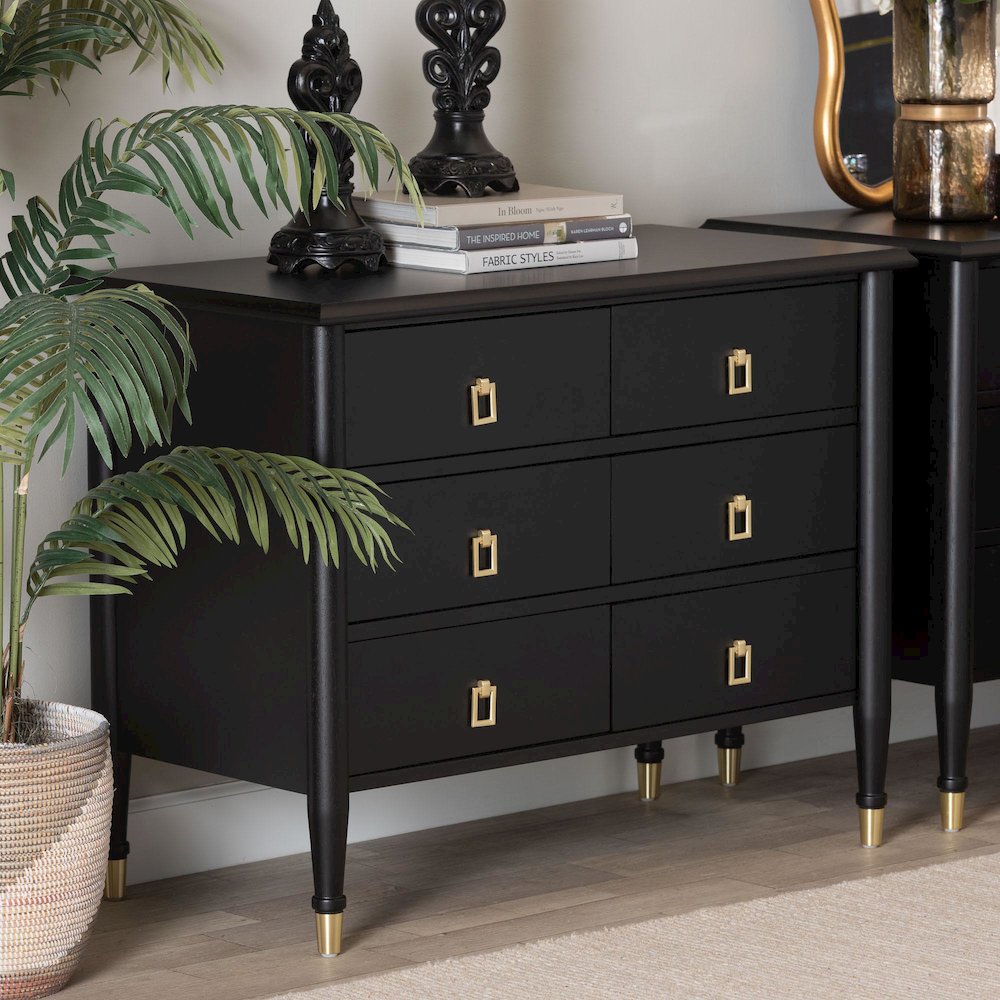 Black Wood Chest with Drawers with Metallic Accents, 6-Drawer