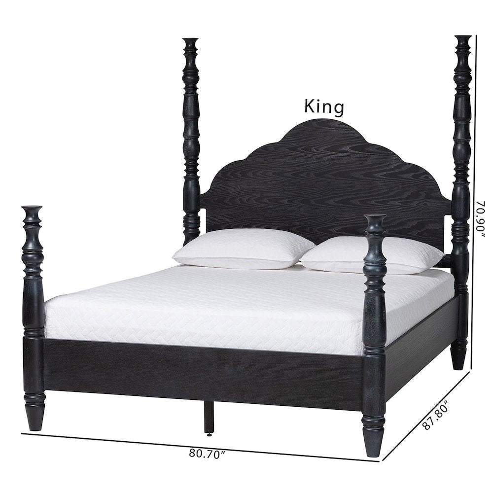 Four-Poster Platform Bed - Sculpted Post Bed Frame, Black, King