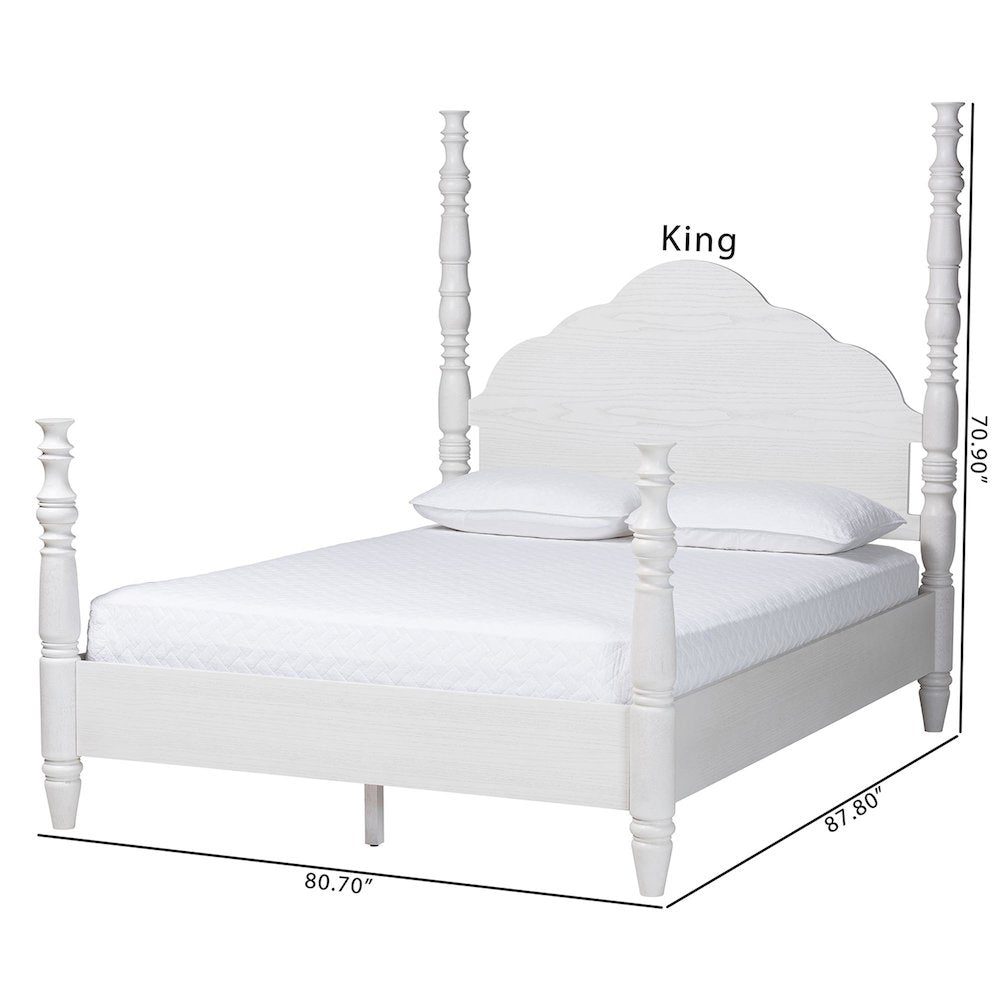 Four-Poster Platform Bed - Sculpted Post Bed Frame, White, King
