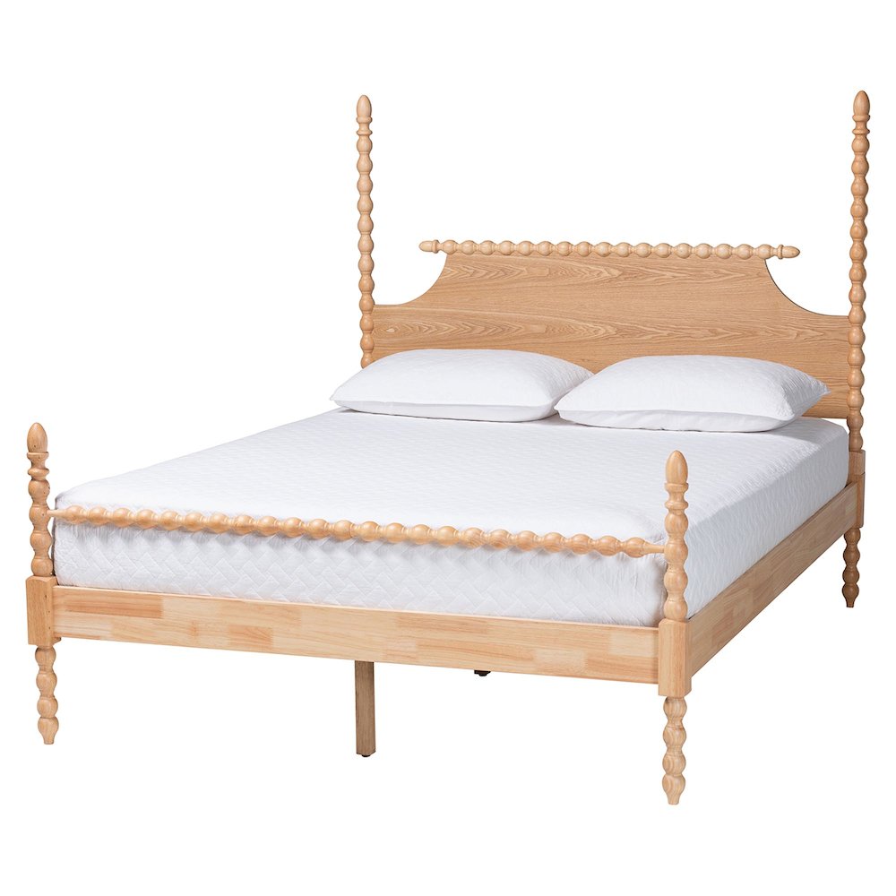 Four-Poster Platform Bed - Wooden Bed Frame, Natural Brown, King