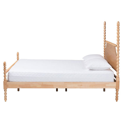 Four-Poster Platform Bed - Wooden Bed Frame, Natural Brown, King