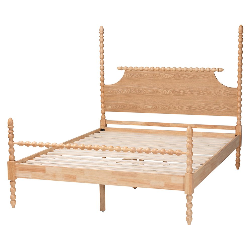 Four-Poster Platform Bed - Wooden Bed Frame, Natural Brown, King