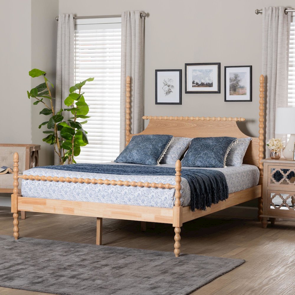 Four-Poster Platform Bed - Wooden Bed Frame, Natural Brown, Queen