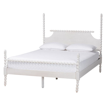 Four-Poster Platform Bed -Wooden Bed Frame with Turned Spindle Posts, White,King