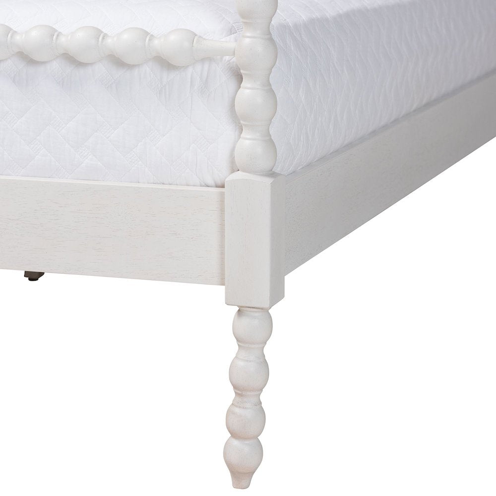 Four-Poster Platform Bed -Wooden Bed Frame with Turned Spindle Posts, White,King